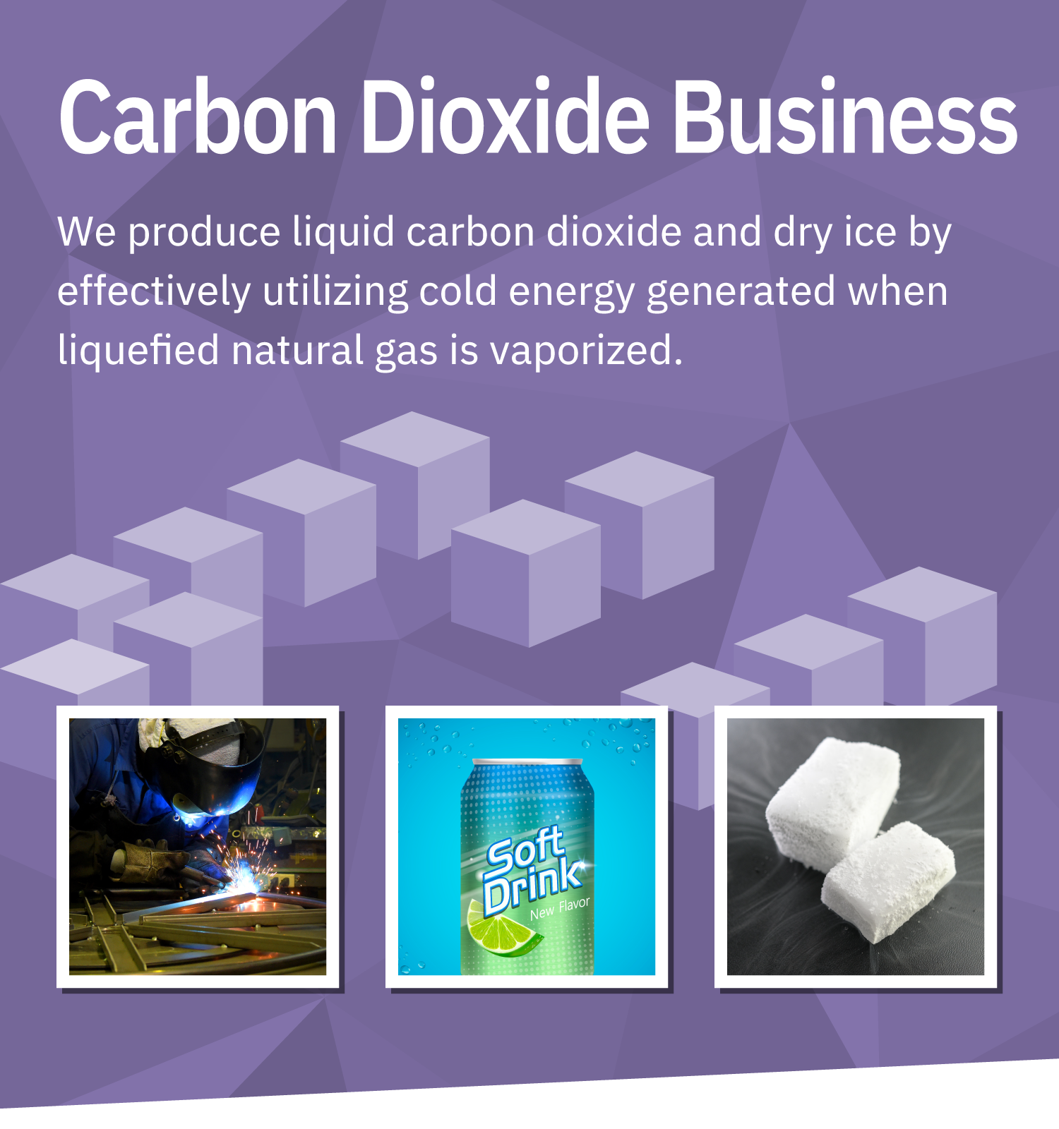 Carbon Dioxide Business: We produce liquid carbon dioxide and dry ice by effectively utilizing cold energy generated when liquefied natural gas is vaporized.