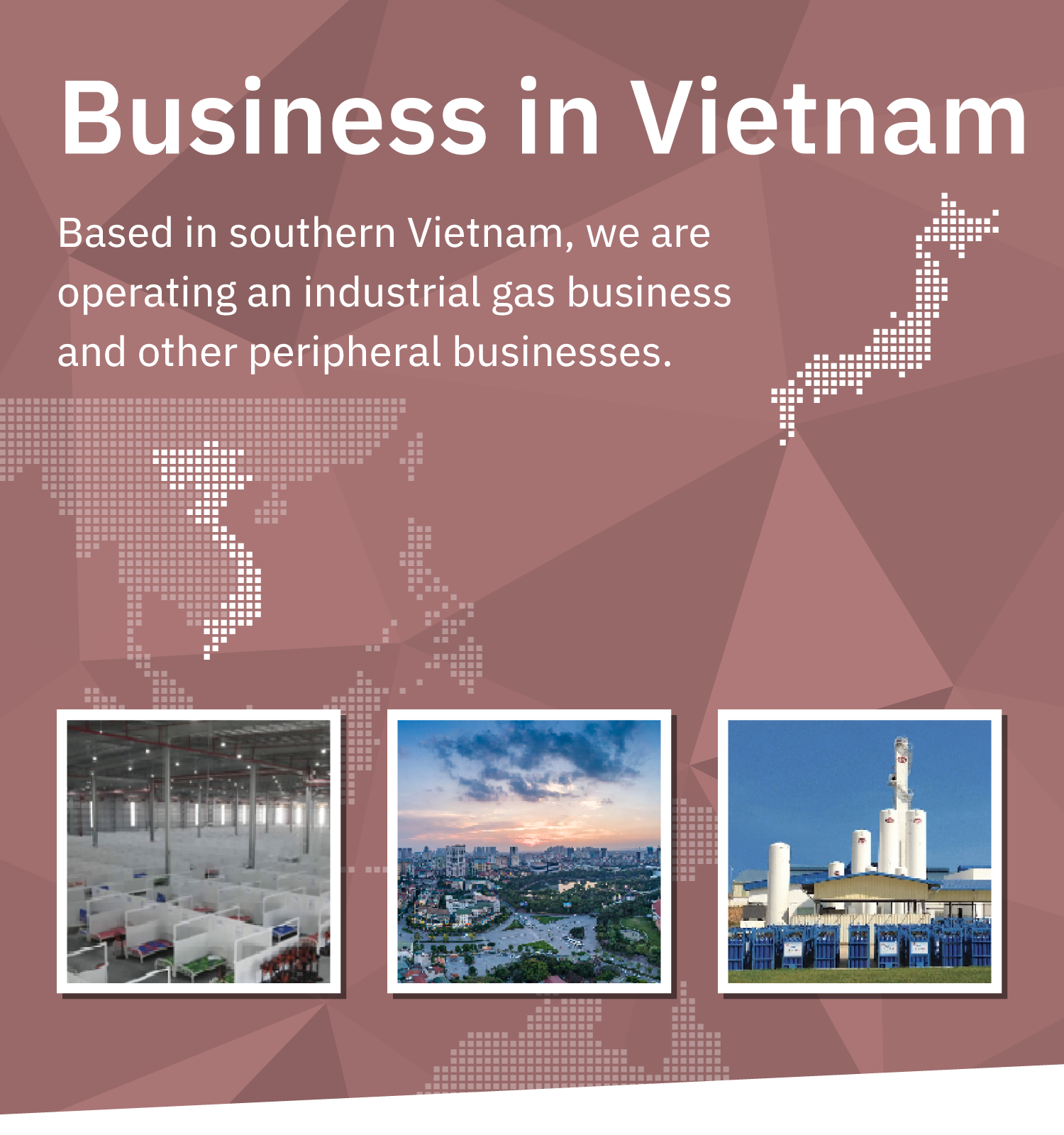 Business in Vietnam: Based in southern Vietnam, we are operating an industrial gas business and other peripheral businesses.